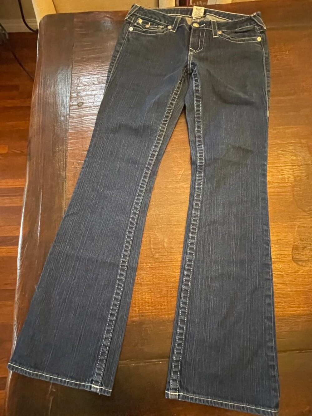 True Religion Becky Bootcut Blue Jeans Y2K Sz 31 Made in USA RN112790 Pink Stone